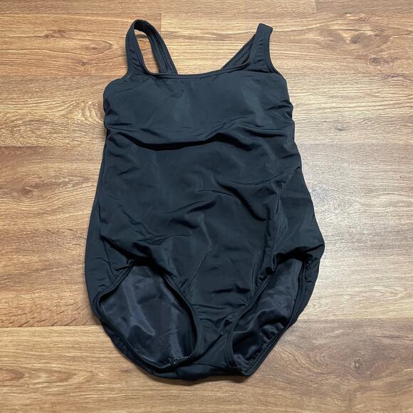Lands End Womens Solid Black One Piece Swim Suit Size 6P Petite Shelf Bra - Picture 1 of 7